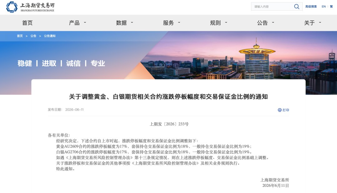 交易所出手:调整黄金、白银涨跌停板幅度